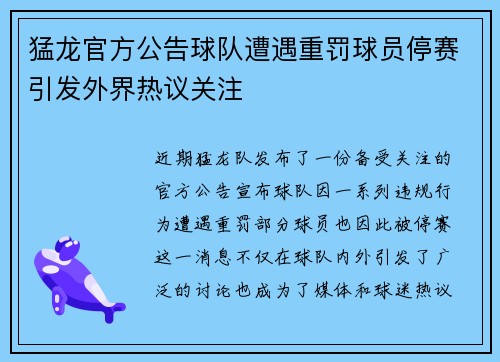 猛龙官方公告球队遭遇重罚球员停赛引发外界热议关注